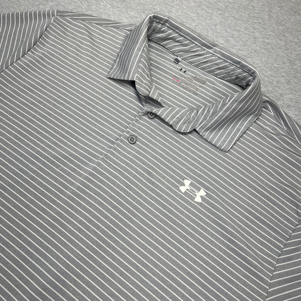 Under Armour Mens XL HeatGear Performance Polo Shirt Gray White Stripe Golf